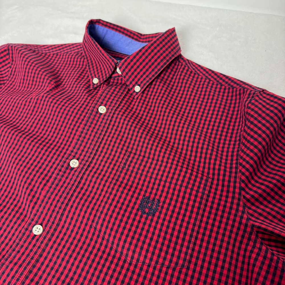 Chaps Mens Medium Red Navy Gingham Stretch Easy Care Button Down Shirt Logo